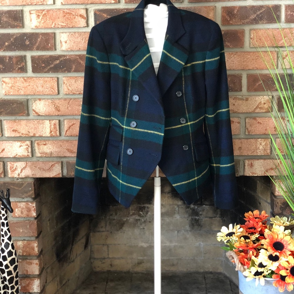 Dkny Navy Plaid Double-Breasted Blazer with Green Stripes